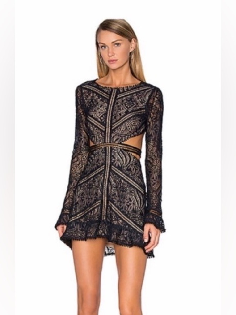 For Love And Lemons Black Lace Long-Sleeve Cutout Mini Dress